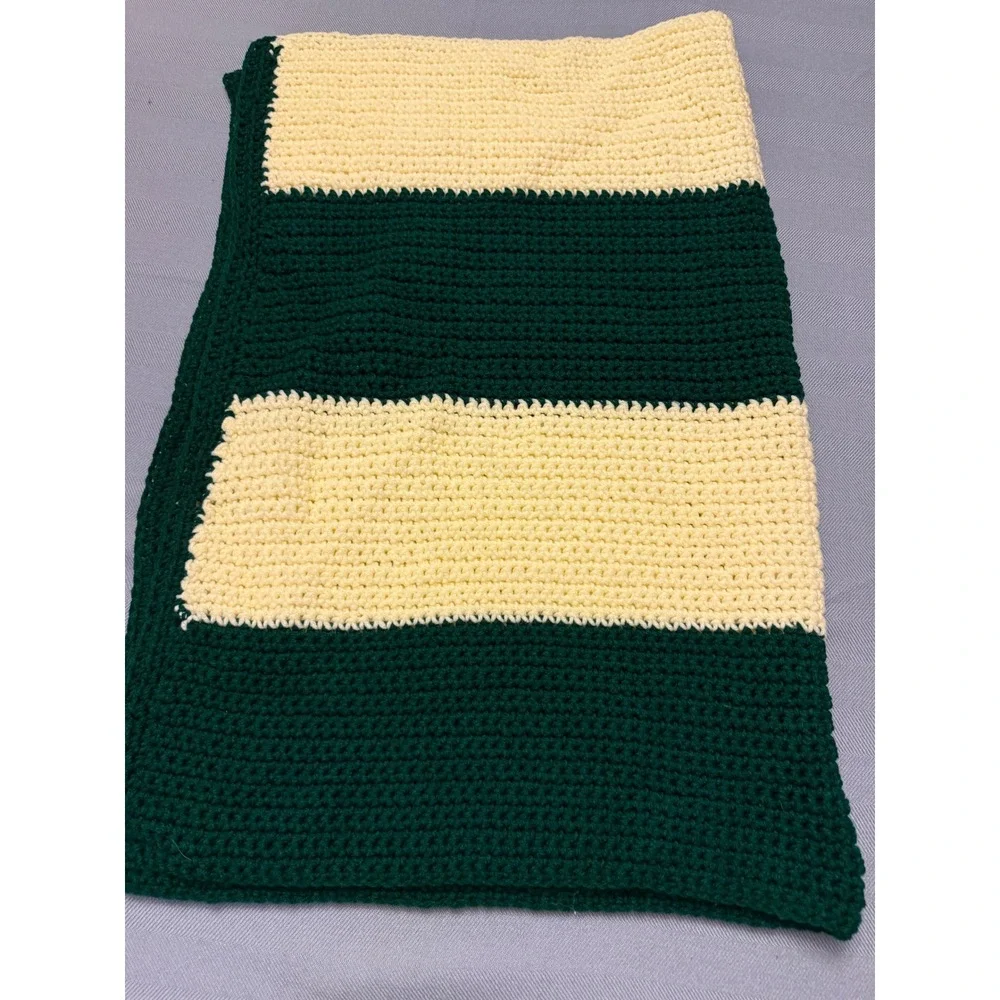 Handmade Crochet Baby Blanket Forest Green Pale Yellow Striped Stroller Throw